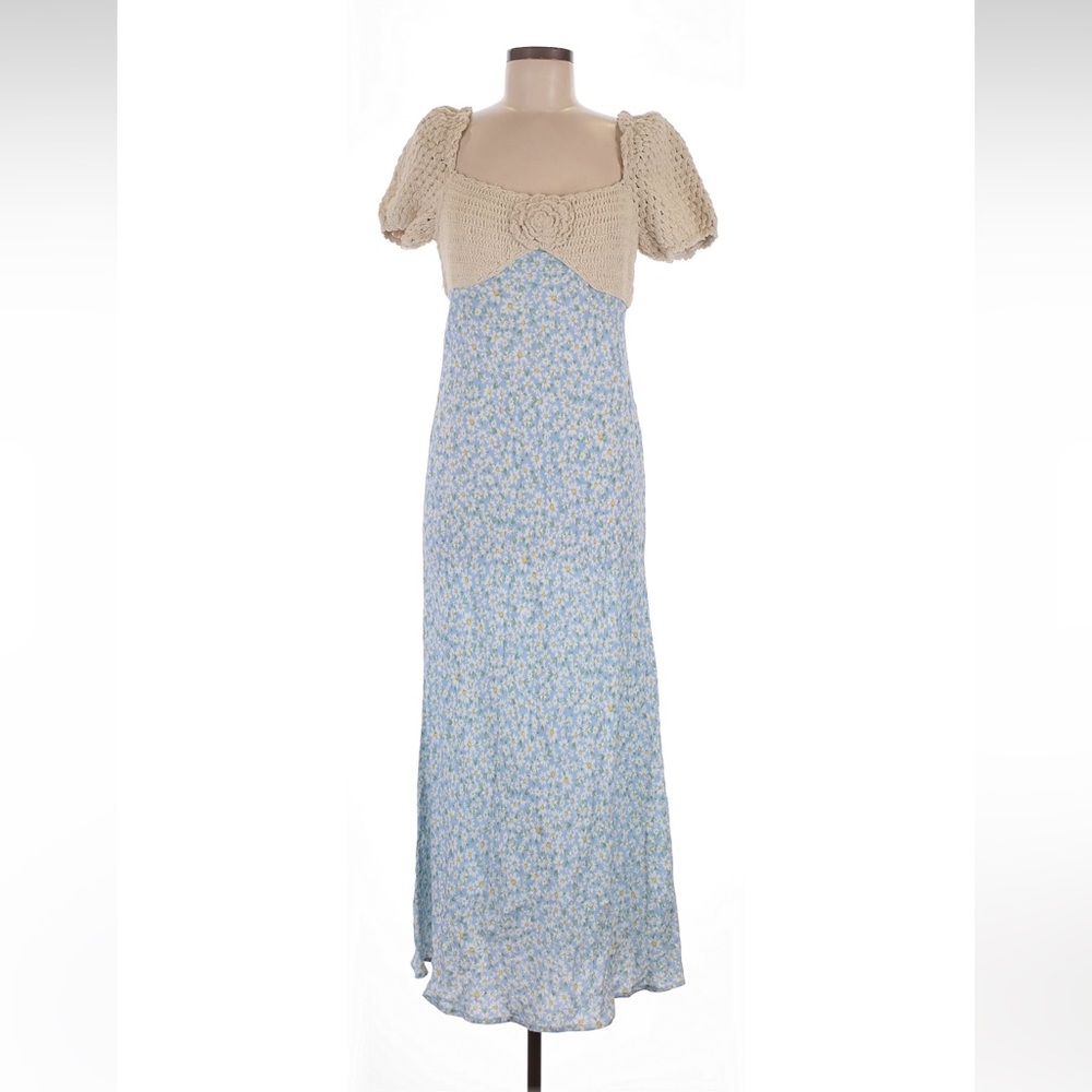 Rixo London Sardinia Crochet Knit Floral Maxi Dress in Cream and Light Blue - Picture 2 of 10